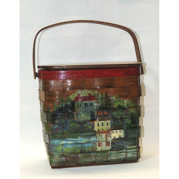 VTG 60s Hand‎ Painted Wooden Picnic Basket Handbag (Bonus 2 VTG Stamps) - Picture 1 of 16